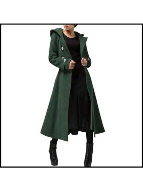 Women's Long Double-Breasted Hooded Wool Blend Trench Coat Winter